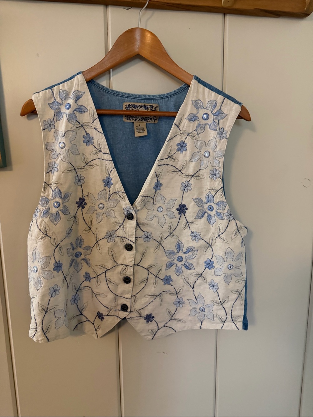 Vintage Tantrum Blues Embroidered Floral Chambray Vest L 90s Boho